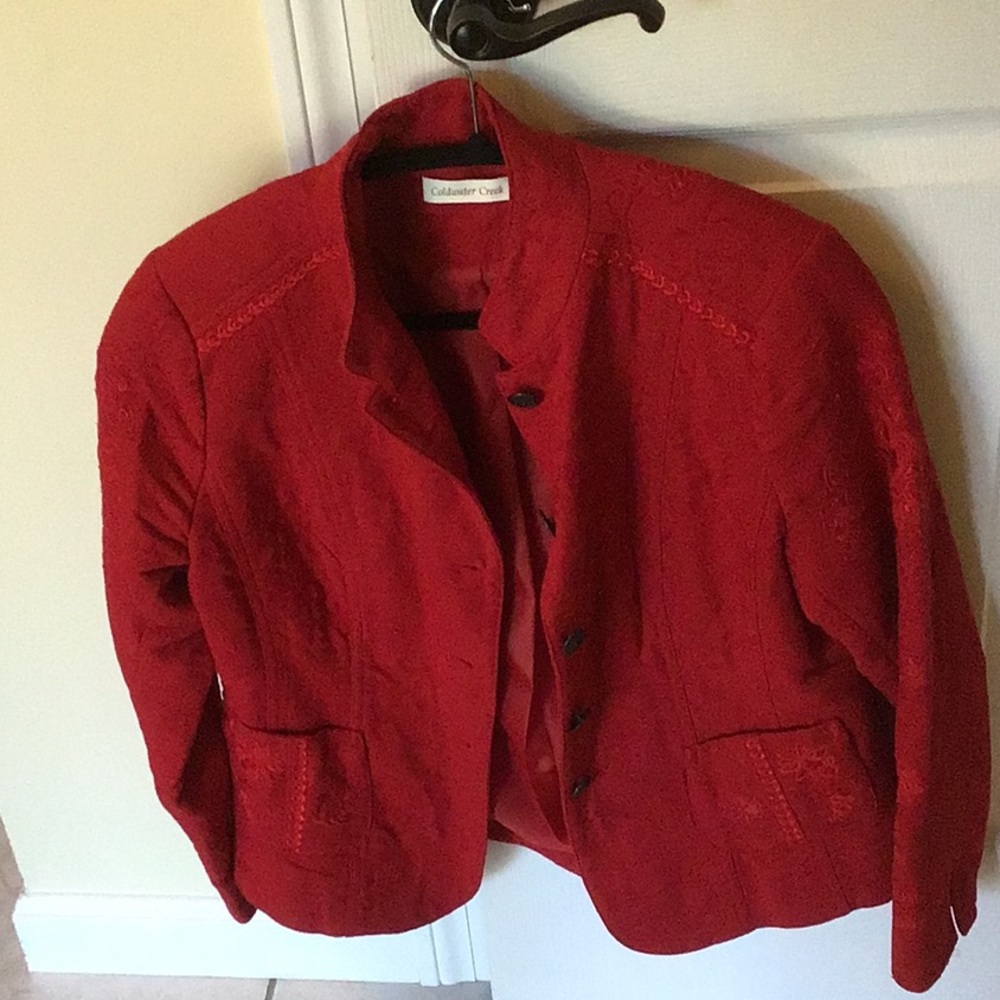 Coldwater Creek. Beautiful embroidered deep red jacket like new!